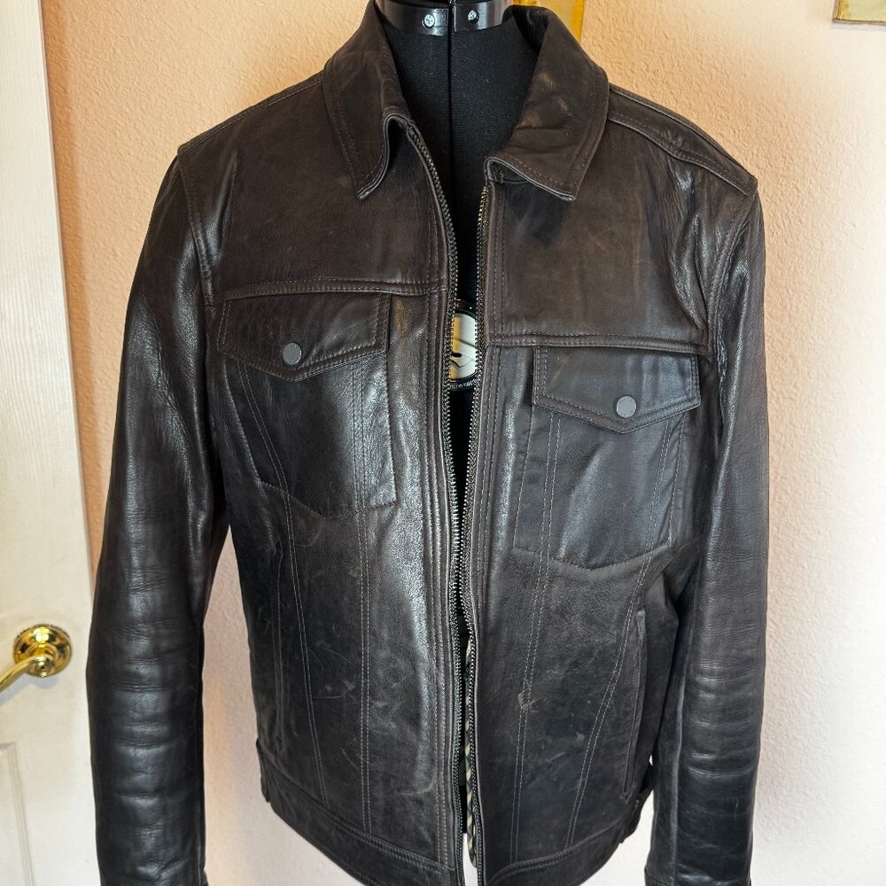 Black Rivet Men’s Large Leather Jacket, Brown, Classic Great Condition